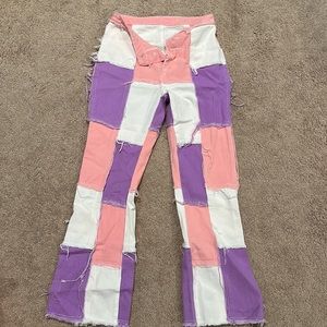 High Waist Button Fly Spliced Jeans